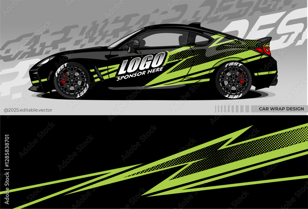 Car wrap design for sports cars. Dominated by black with green accents ...