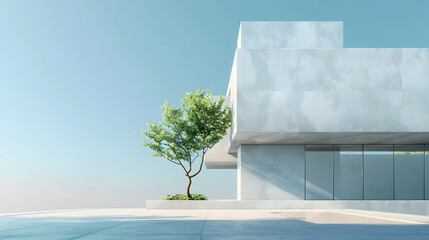 Poster - Modern architectural design featuring a minimalist building with a tree beside a serene pool