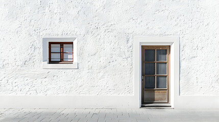 Poster - Minimalist white wall featuring a wooden door and window, capturing serene architectural simplicity