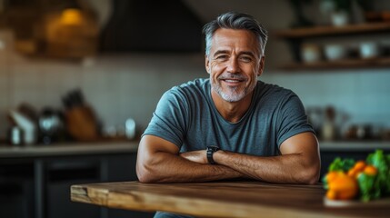 Wall Mural - Man with a watch on his wrist is smiling and posing for a picture. He is sitting at a wooden table with a bowl of fruit in front of him