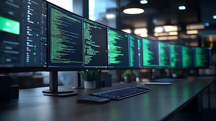 A row of computer monitors displays code on their screens in an office setting.