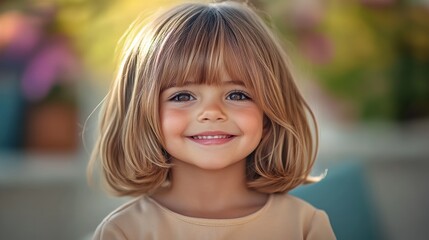 Wall Mural - Young girl with blonde hair and a smile on her face. She is wearing a yellow shirt