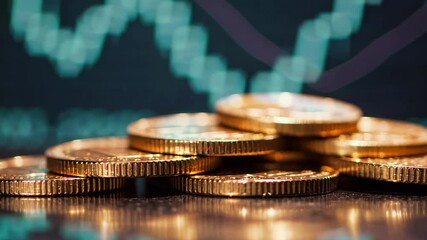 Poster - Golden coins stacking vertically near dynamic stock chart background, representing financial growth, investment potential, and economic prosperity in detailed slow motion visualization