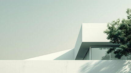 Poster - Modern minimalist architecture featuring a sleek white building with a tree in the foreground