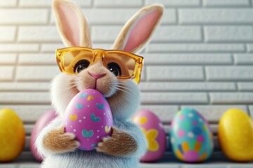 Wall Mural - Cartoon rabbit wearing glasses is holding an egg in its mouth. The scene is set against a backdrop of several other eggs, some of which are yellow and some are blue