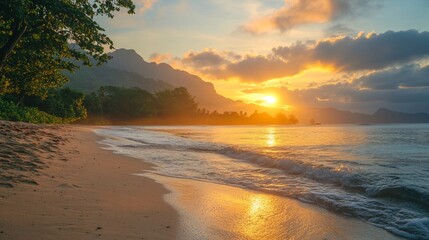 Wall Mural - golden sunset illuminates the ocean beach shoreline mountains and clouds
