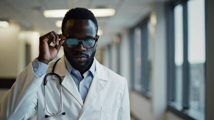 Poster - Professional medical expert adjusting eyewear while standing in bright hospital corridor, maintaining confident eye contact with camera during slow motion sequence