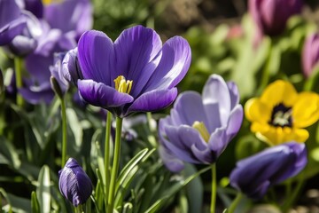 Canvas Print - Vibrant purple tulips blooming in a spring garden, showcasing delicate petals and yellow accents, ideal for floral decoration or gardening inspiration