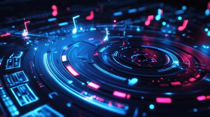 Poster - Futuristic Music Interface: Neon Glowing Circular Design with Musical Notes