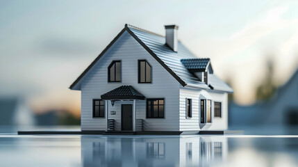 Poster - A beautifully crafted model house on a reflective surface with a soft blurred background