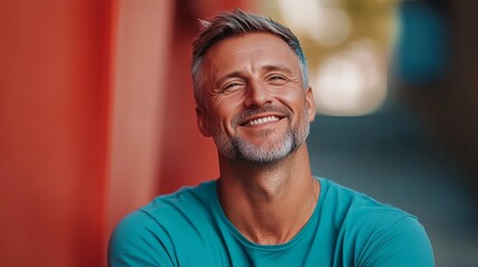 Wall Mural - Man with a beard and gray hair is smiling and wearing a blue shirt. He is sitting on a wall and looking at the camera