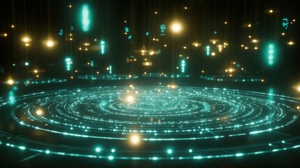 Poster - Abstract Digital Sphere: Teal and Gold Lights Dance in a Futuristic Cyberspace