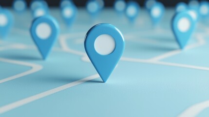 Blue Map Pin on Light Blue Background Representing Location Tracking and Navigation Concept