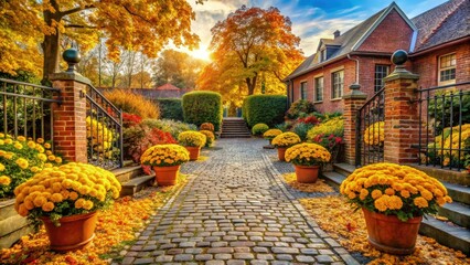 Poster - Courtyard With Stone Steps and Vibrant Autumn Flowers. Generative AI