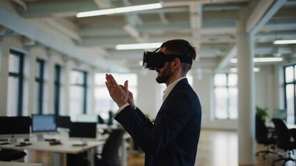 Poster - Office worker wearing vr headset interacts with virtual environment using hand gestures in a bright, modern office space, captured in slow motion