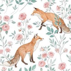 Sticker - Elegant Floral Composition Featuring Foxes Among Roses. Generative AI