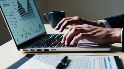 Aufkleber - Close up slow motion montage of a businessman's hands typing on a laptop keyboard with financial charts displayed on the screen, suggesting data analysis and market research