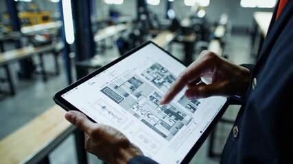 Poster - Engineer consults building schematics on a digital tablet in a factory, exploring different sections of the plan in a slow motion sequence