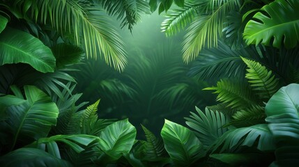 Wall Mural - Lush Tropical Green Leaves Framing a Misty Jungle Background with Soft Light and Rich Textures of Nature