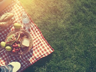 A vibrant picnic scene on a sunny day, featuring a basket of fresh food on a checkered blanket