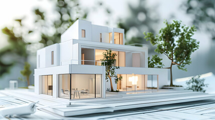 Poster - Modern architectural model of a white house surrounded by greenery and blueprints, showcasing design