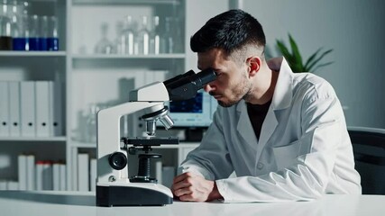 Poster - Laboratory technician carefully examining samples using a microscope, conducting scientific research in a modern lab environment, captured in slow motion