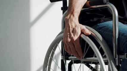 Poster - Slow motion close up capturing disabled person's hand moving along wheelchair rim, symbolizing mobility, accessibility, and resilience in daily life