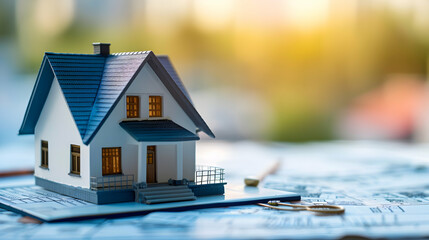 Miniature house model on blueprints with a blurred background of a sunset