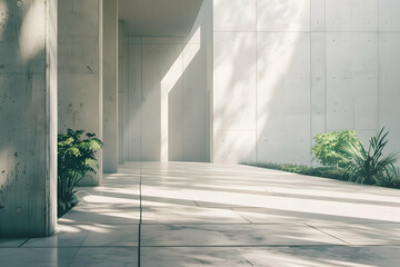 Poster - Modern architectural interior showcasing light and shadows with greenery in a serene environment