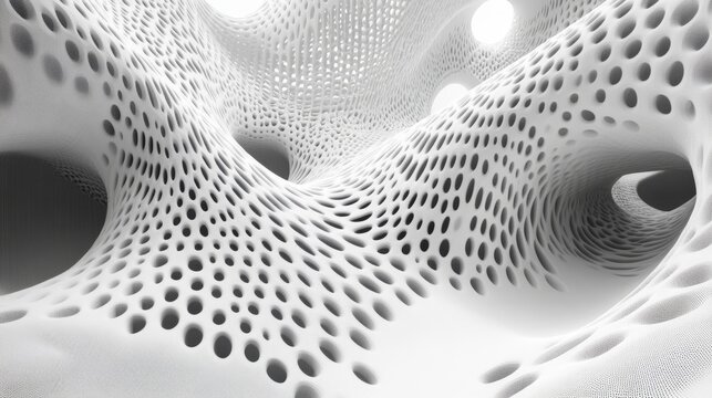 An intricate white porous organic structure forms a complex design