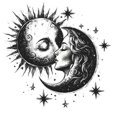 Wall Mural - Celestial Black Tattoo of Intertwined Sun and Moon Surrounded by Glowing Stars on Clean White Background