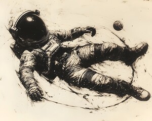 Wall Mural - celestial astronaut floating in surreal black tattoo concept on white background