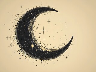 Poster - Minimalist Black Tattoo of Crescent Moon with Delicate Star Clusters on Clean White Background