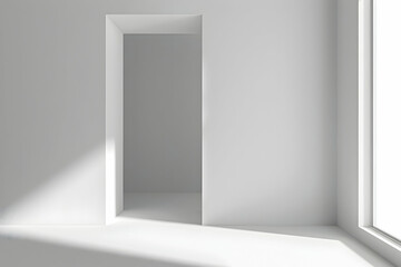 Poster - Minimalist interior design showcasing an empty white room with a doorway and natural light