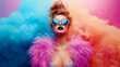 © Synthesia Studio - Vibrant fashion diva in bold colors and luxurious feathers, perfect for trendsetting campaigns and creative branding. Rainbow trendy