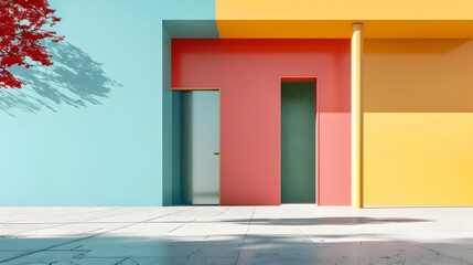 Poster - Vibrant architectural entrance with colorful walls and shadows, inviting exploration and creativity
