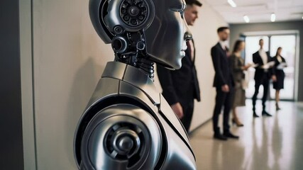 Poster - Futuristic robot standing in line with business people, patiently waiting for a job interview, showcasing the integration of ai in the workforce