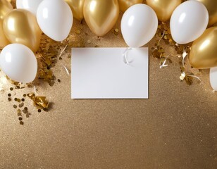 Wall Mural - A festive arrangement of white and gold balloons with golden confetti, featuring a blank card for messages.