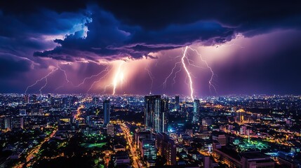 Poster - Low angle view of heavy Lighting strike in sky at night city life and electrifying might of lightning as urban skyline, 32k Resolution