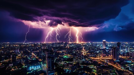 Poster - Low angle view of heavy Lighting strike in sky at night city life and electrifying might of lightning as urban skyline, 32k Resolution