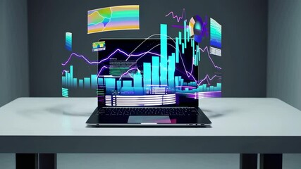 Aufkleber - Financial data analysis concept featuring a laptop displaying interactive holographic charts and graphs, showcasing investment, trading, and market trends in a slow motion sequence