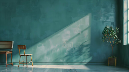 Poster - Serene interior scene featuring a wooden chair and table against a teal wall with sunlight streaming in