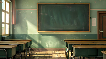 Poster - Empty classroom with sunlight streaming through windows, highlighting dusty chalkboard and wooden desks