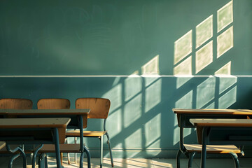 Poster - Sunlight casting shadows on empty classroom desks with green chalkboard in the background