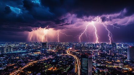 Poster - Low angle view of heavy Lighting strike in sky at night city life and electrifying might of lightning as urban skyline, 32k Resolution