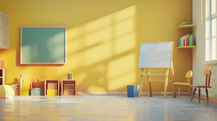 Poster - Bright classroom with yellow walls, chalkboard, and sunlight illuminating playful furniture