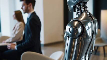Poster - Chrome humanoid robot patiently waiting in recruitment line, surrounded by business professionals during job interview process, showcasing future of workplace automation and technological evolution
