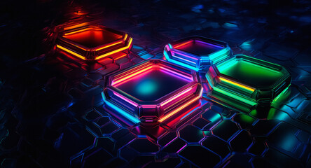 Poster - four neon glowing octagonal platforms in red, blue, green, and purple colors are displayed on a crac