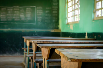 Poster - Empty classroom with wooden desks, chalkboard in background, sunlight filtering through windows