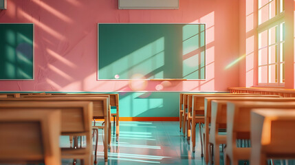 Poster - Brightly lit classroom with wooden desks and chalkboards, sunlight streaming through windows